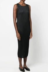 Vestido midi plisado sin mangas, elegante, con cuello redondo y corte recto de verano - Negro